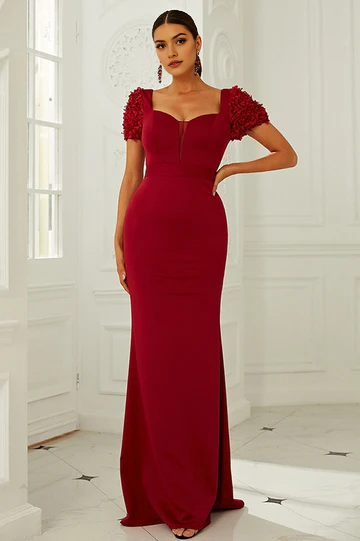 Wine Red Queen Anne Puff Sleeve Long Formal Dress